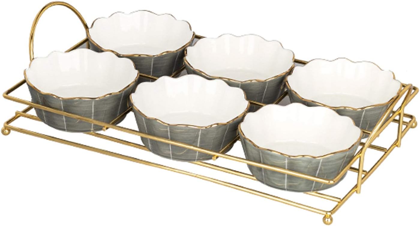 HEXEH Salad Plate 6pcs Ceramic Dip Bowls Condiments Server Dishes with Metal Tray Household Snack Plate for Salads, Soy Sauce, Ketchup, BBQ-Chip,Seasoning Plastic Plate (Color : Gris)