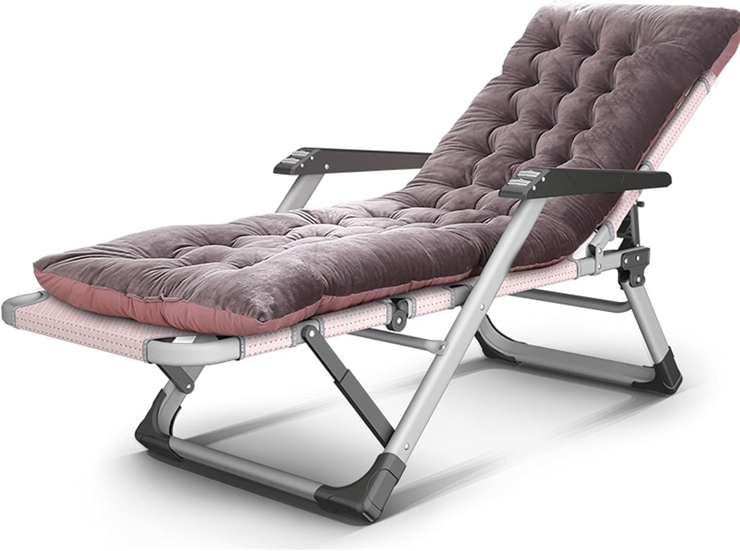 Pink Massage Recliner Folding Balcony Lounge Deck Chair, Multi-Position Adjustable Sun Lounger(Gray Purple Cushion)