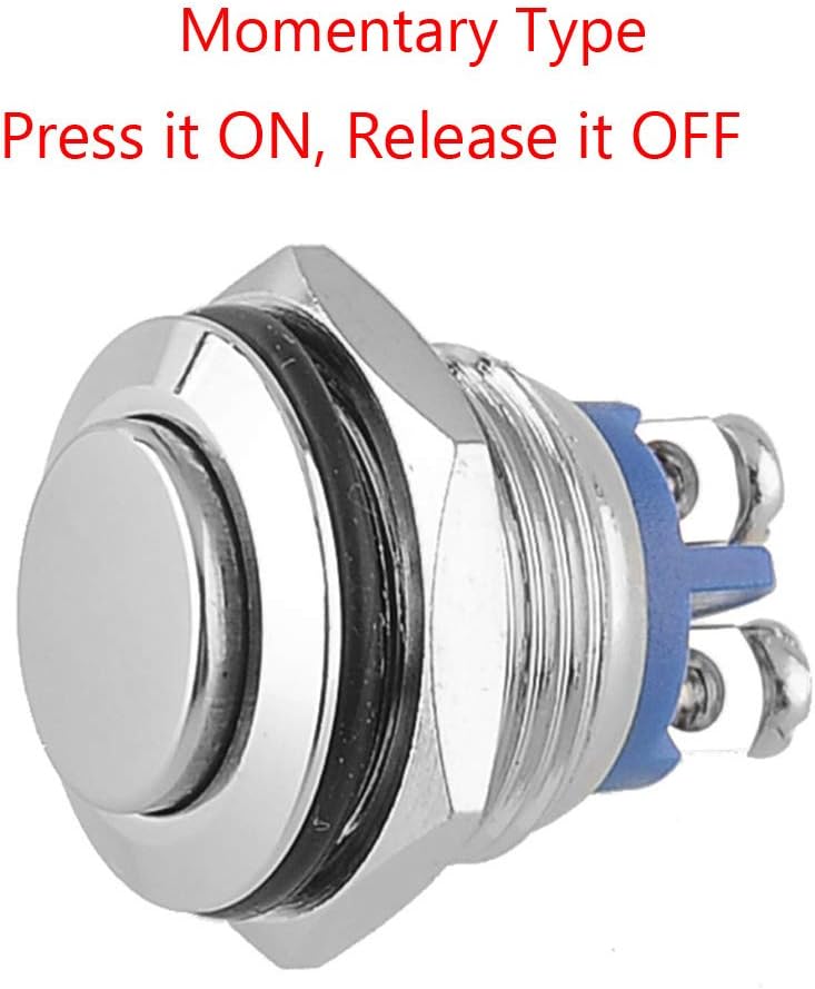 ESUPPORT Car 16mm Raised Top Momentary Stainless Metal Push Button Switch Pack of 5 | 3A 250V 5A 125V Waterproof 2Pin Reset Toggle Switches Pack of 5