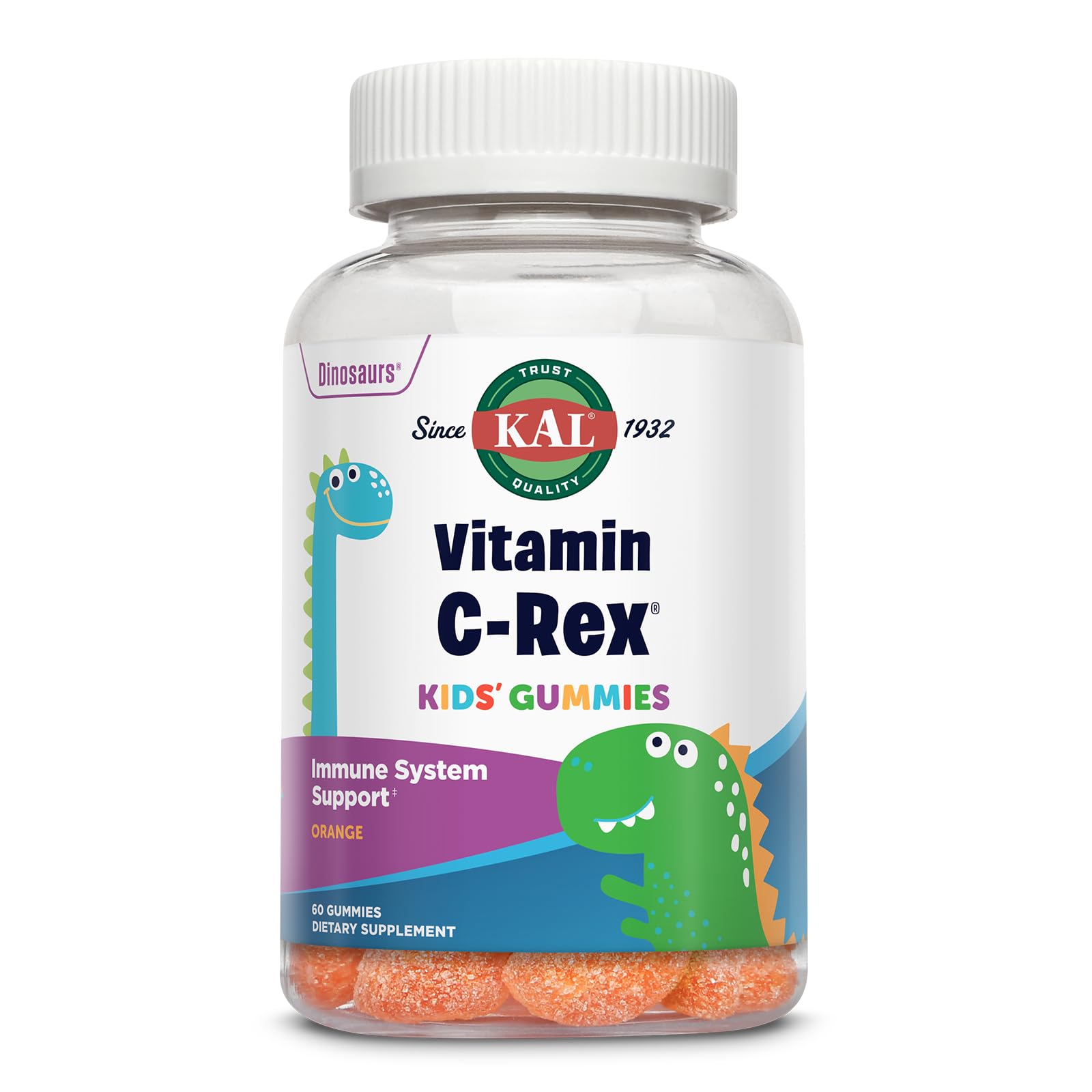 KAL Vitamin C-Rex Kids’ Gummies, Vitamin C Gummies for Kids, Healthy Immune, Bone, Muscle & Skin Support Vitamin C Gummy, Vegan, Gluten Free, 60 Day