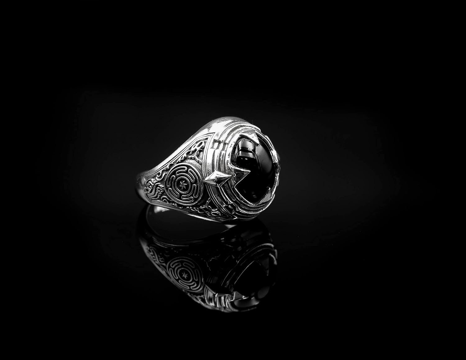 925 Sterling Silver Onyx Hecate's Wheel Ring Amulet Jewelry Size 6-15