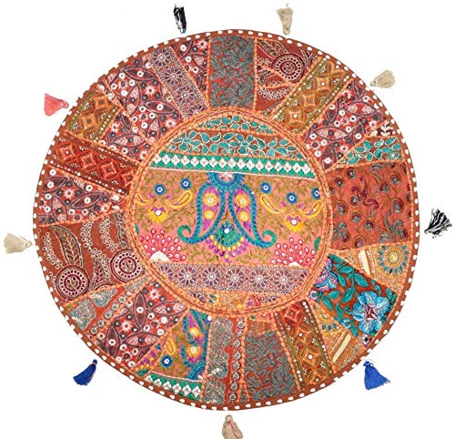 Sophia Art Round Floor Pillow Cushion Patchwork Pouf Ottoman Vintage Indian Foot Stool Bean Bag Floor Pillow Cover Home Decor Living Room Ottoman Bohemain Pillows (Brown, 16 Inch)
