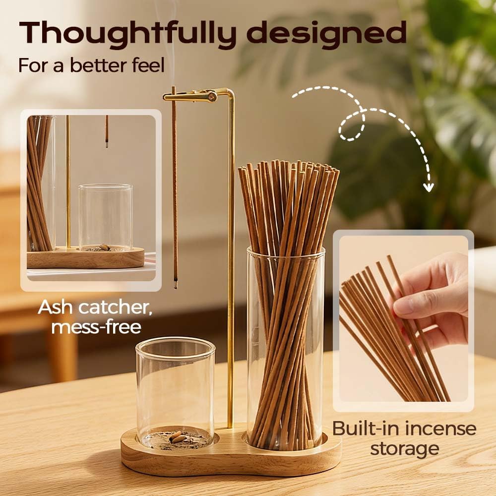 2 in 1 Incense Burner and Candle Holder Wooden Base, Glass Ash Collector, Minimalist Home Decor Incense Burner, Incense Storage Holder, Upside Down Anti Ash Incense Stick Burne (Burlywood and Vintage)