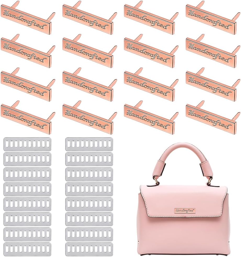 PH PandaHall 16 Sets Handcrafted Label Tags 40x9mm Rose Gold Art Word Sign Tag Rectangle Metal Label Handcrafted Tags with Shim for Purse Bag Backpack Hat Shoes DIY Craft Memorial Art Sewing Items