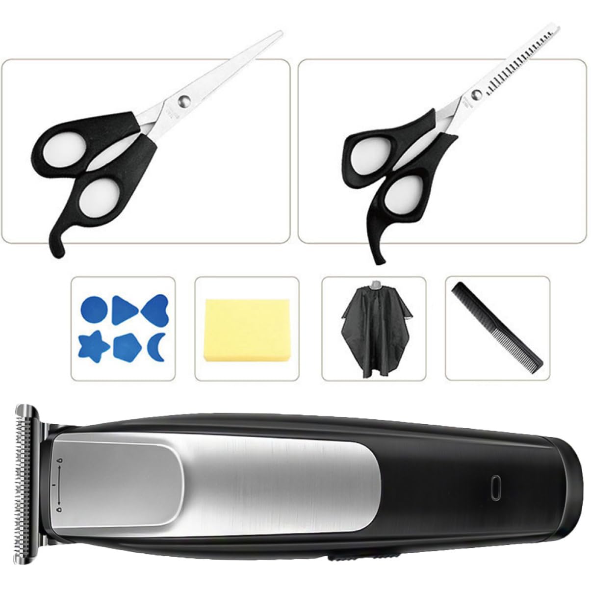 Elektrischer Haartrimmer mit Mehreren Aufsteckkämmen USB Wiederaufladbar aus Kunststoff Silberfarben für Präzises Haarschneiden Zuhause