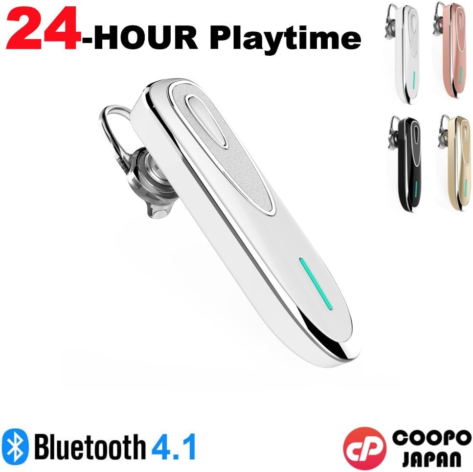 COOPO Bluetooth 4.1 Wireless Headset, 24-Hour Playtime,Noise Canceling and Hands Free with Mic,Earhook Earbuds Headphone Earphone for iPhone Android and Other Smartphones CP-K1(White)