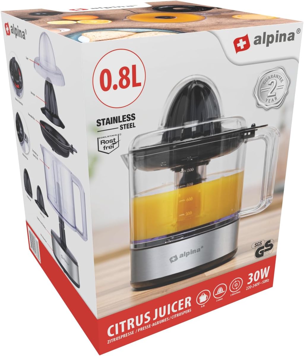 alpina Electric Citrus Press – 30W/230V – Juice Extractor – Juice Container 800 ml – Filter for Pulp and Seed – BPA-Free – Silver
