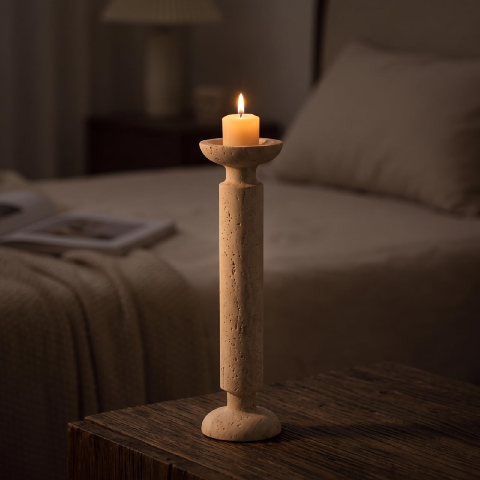 Portacandele in Travertino Moderno Candeliere Elegante Oggetto Decorativo per Soggiorno, 8.5 8.5 30.5cm