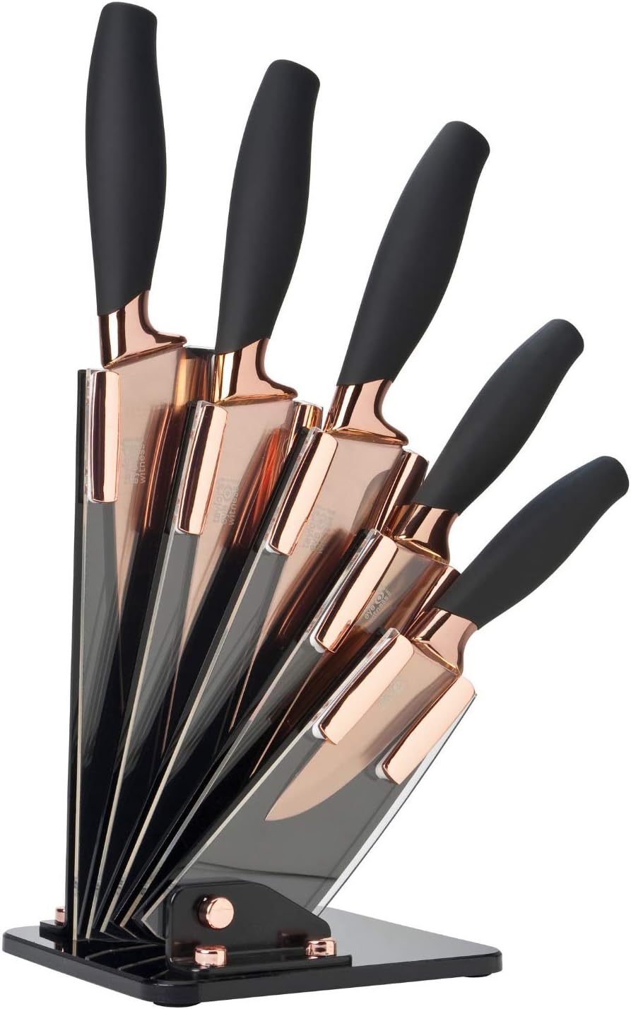 5pc Kitchen Knife Set & Block – Brooklyn by Taylors Eye Witness. Rose Gold Coloured Bolsters, Finely Ground Razor Sharp Titanium Coated Matching Blades. Soft Grip Handles. Modern Fan Shaped Holder. 5pc Kitchen Knife Set & Block – Brooklyn by Taylors Eye Witness. Rose Gold Coloured Bolsters, Finely Ground Razor Sharp Titanium Coated Matching Blades. Soft Grip Handles. Modern Fan Shaped Holder.