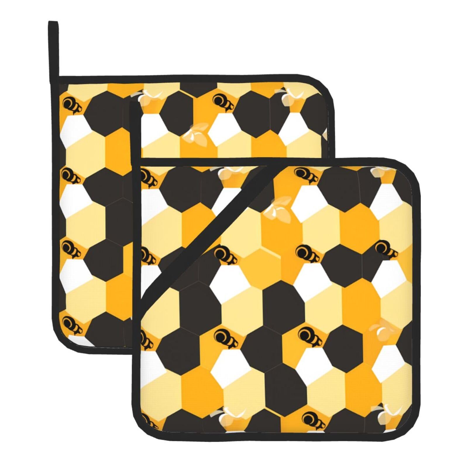 HJFCZH Bee Geometric Honeycomb Printed Square Insulated Pot Mat Set (2-Piece) 8x8in Waterproof, Thickened & Easy to Clean with Lanyard Design for Kitchen, Oven & BBQ
