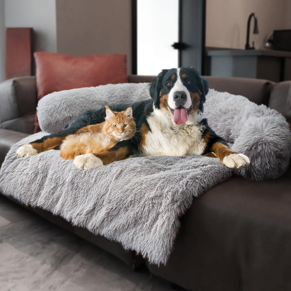 Calming Dogs/Cats Bed Mats, Dog Pad Washable Removable Couch Cover, Plush Long Fur Mat for Pets, Waterproof, Perfect for Small, Medium and Large Dogs and Cats (Light Gray, 59"x39"x 6.0")