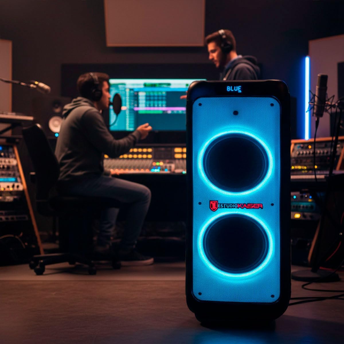 Kaiser KXB-5010 speaker with colorful LED lights in a party setting
