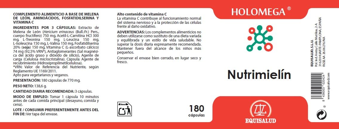Equisalud Holomega Nutrimielín | Memoria | 180 Cápsulas | Con vitamina C que contribuye al funcionamiento normal del sistema nervioso
