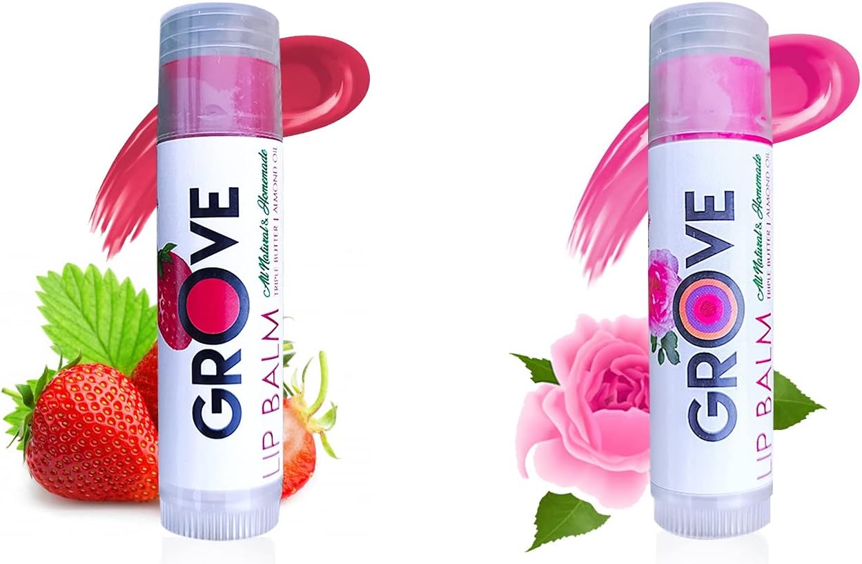 Grove Unisex Strawberry & Wild Rose Flavored Lip Balms For All Kind Of Lips With Shea, Coco & Kokum Butter, Vit-E, Almond & Coconut Oil -Hydrating Lip care, Lip Butter 6g Sticks