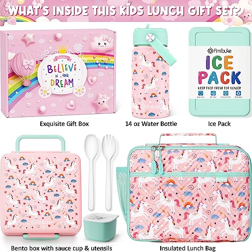 Image of Fimibuke Kids Bento Lunch Box with 4 Compartments, Insulated lunch Bag, Stainless Steel Insulated Water Bottle, Ice Pack & Utensils Set, Birthday Gifts for Ages 3-12 Back to School Toddler Girls Boys