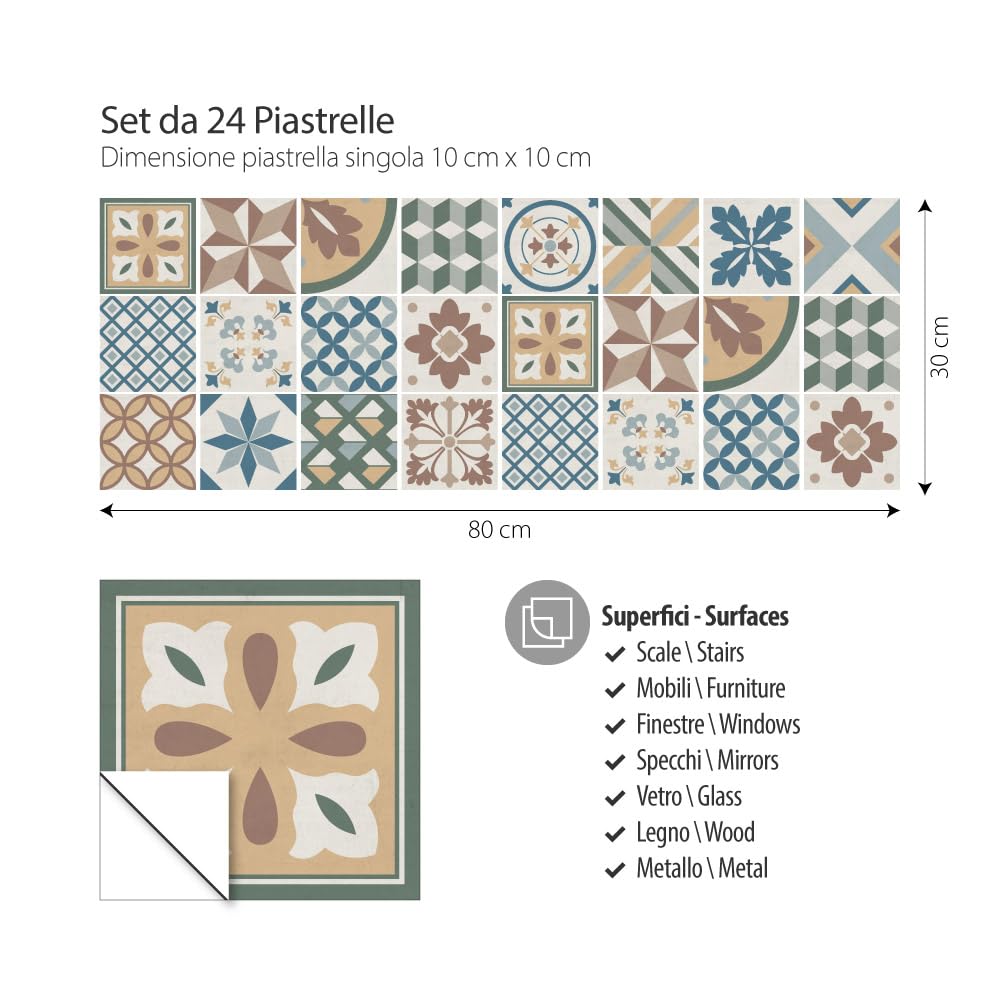 RE-COVERTILES - Adesivi per Piastrelle Bagno e Cucina 24 Pz 10x10 cm - PS00207 Decorazione murale in PVC impermeabile mattonelle mosaico stile cementine Azulejos