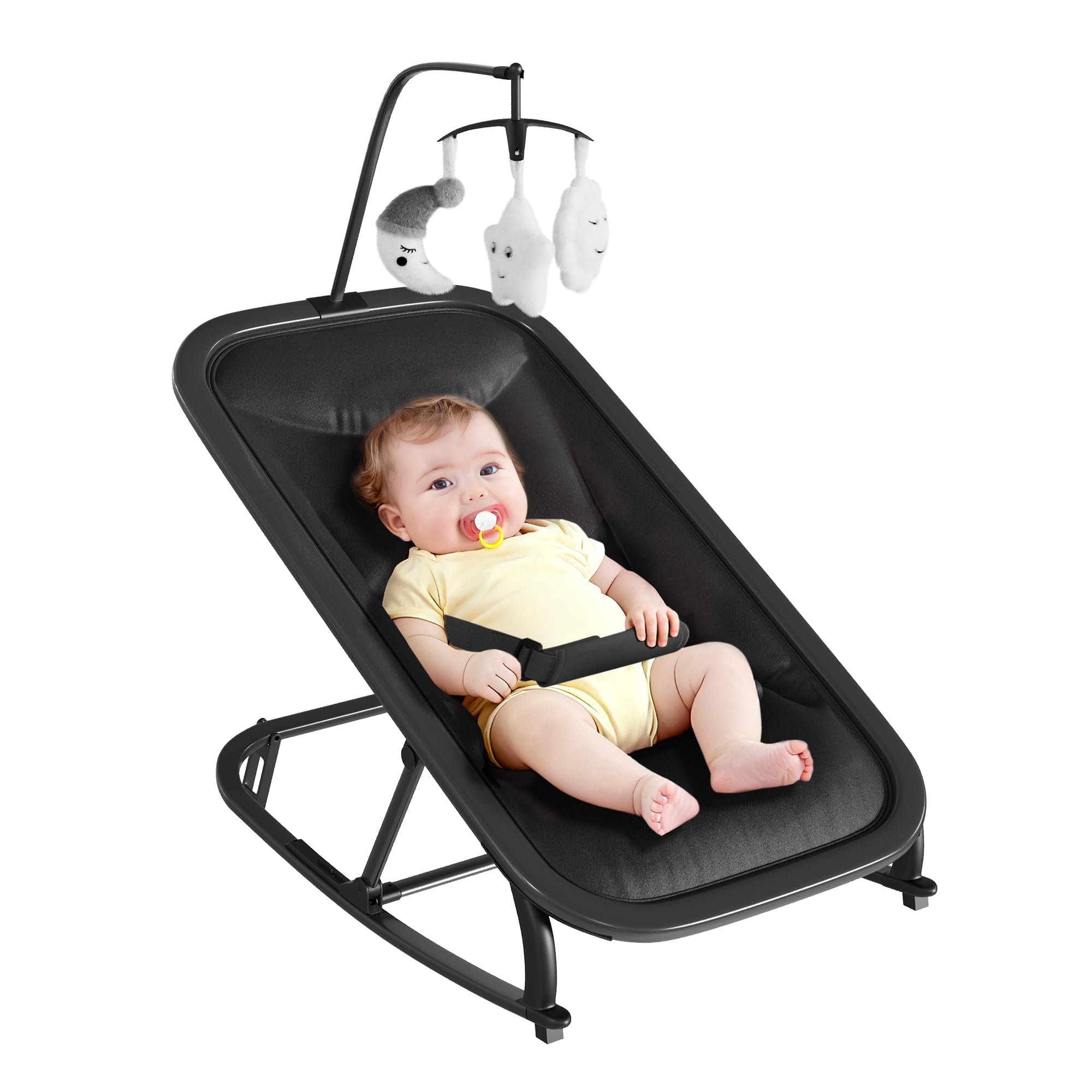 Garvee Silla Mecedora para Bebé 0-12 Meses - Hamaca Infantil Plegable con Respaldo 3 Posiciones, Barra de Juegos, Arnés 5 Puntos, Funda Desmontable, Estructura Aluminio Ligera - Negro