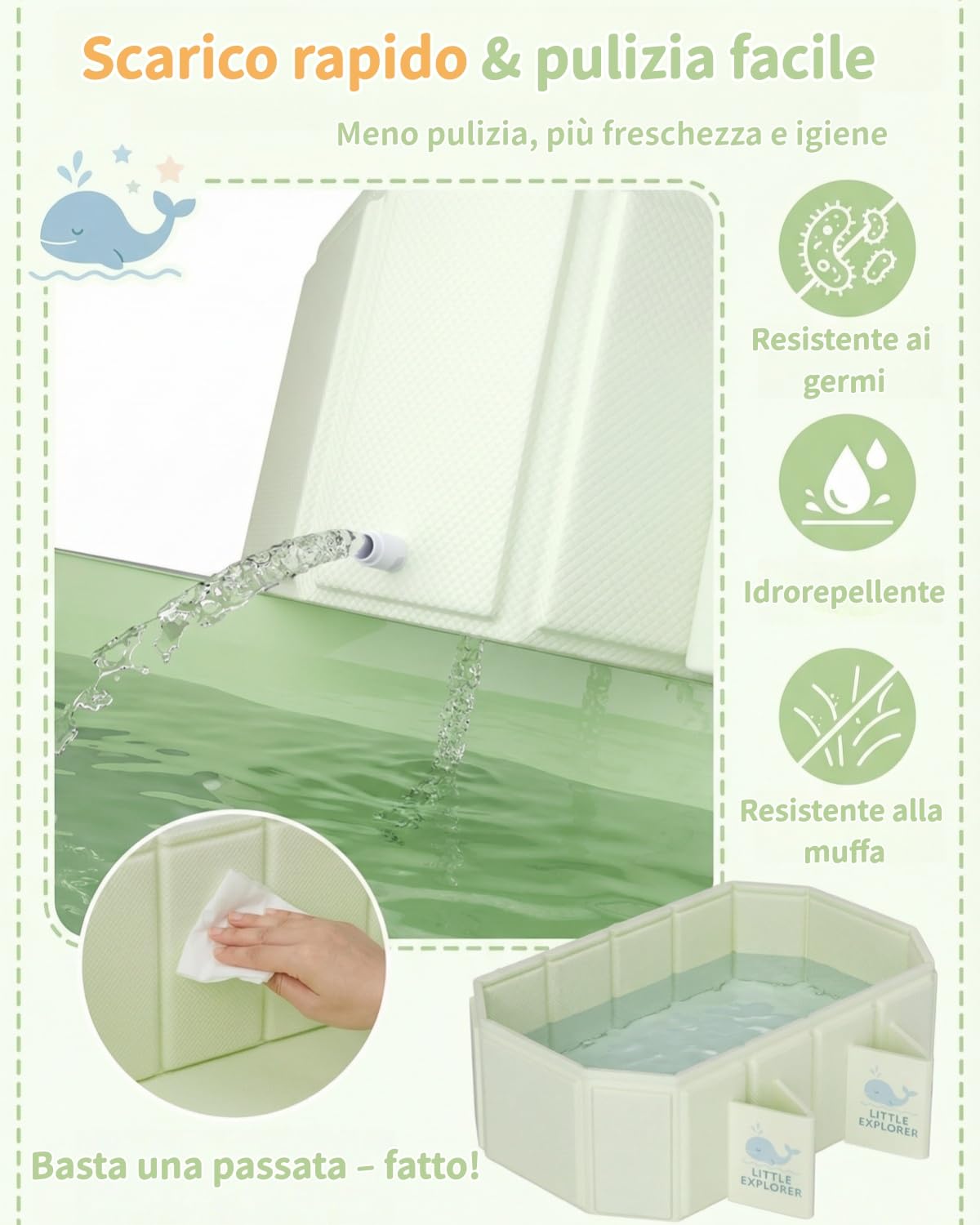 Vaschetta da Bagno Pieghevole per Neonati 0–6 Anni, Vasca Portatile per Bambini per Doccia con 4 Gambe di Supporto, Fondo Antiscivolo e Doppio Scarico, Salvaspazio Ideale per Viaggi (Verde)