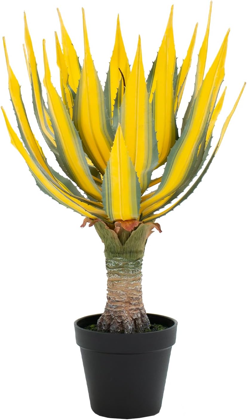 Artificial Green Edged Gold Leaf Spiny Agave Plant with 23 Leaves, 19.68in Faux Agave for Indoor & Outdoor Home Decor Perfect for Porch Living Room Bedroom Patio & Office