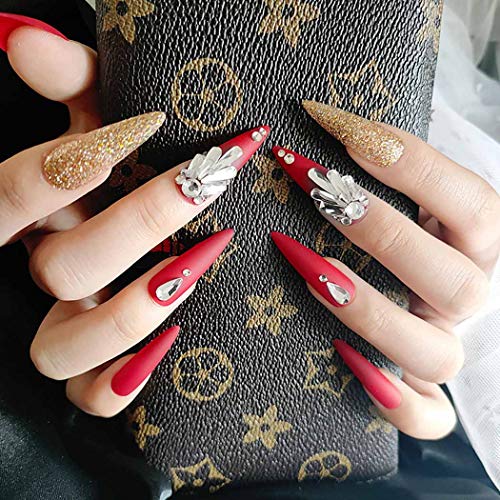 Sethexy Matt Stilett Lange Falscher Nagel Funkeln Kristall rot Falsche Fingernägel Gold Bling Drücken Sie auf Nägel 24St…