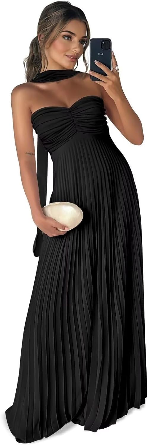 Long Chiffon Bridesmaid Dresses for Women Pleated Strapless Maxi Formal Evening Gown with Long Scarf