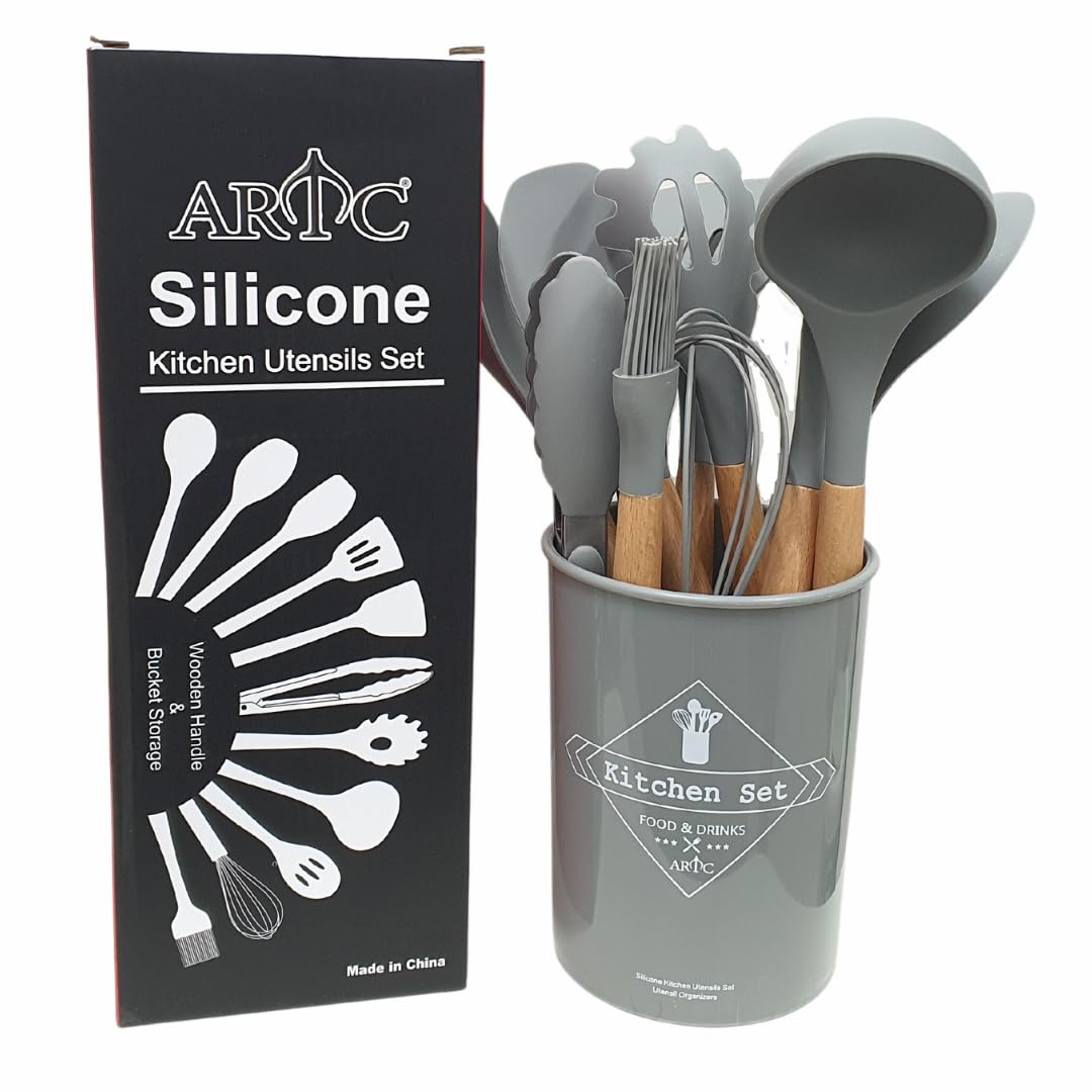 ARTCSilicone Cooking Kitchen 12PCS Wooden Utensils Tool for Nonstick Cookware,Cooking Utensils Set with Bamboo Wood Handles for Nonstick Cookware，Non Toxic Turner Tongs Spatula Spoon Set (Gray)