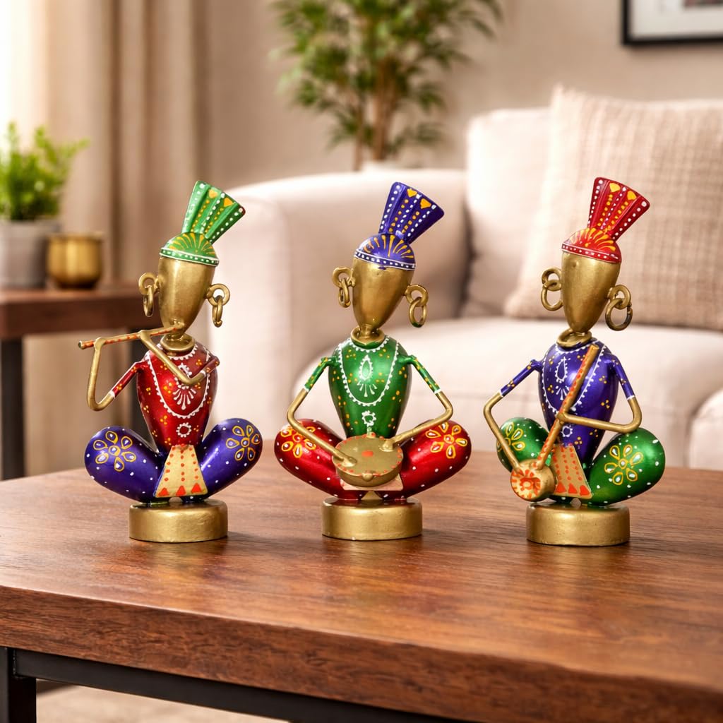 CraftVatika Home Decoration Items for Living Room, Rajasthani Decorative Musician Showpiece Items, Aesthetic Home Decor, Anniversary Birthday Wedding Return Housewarming Gifts for Woman Man, Set of 3-image-31