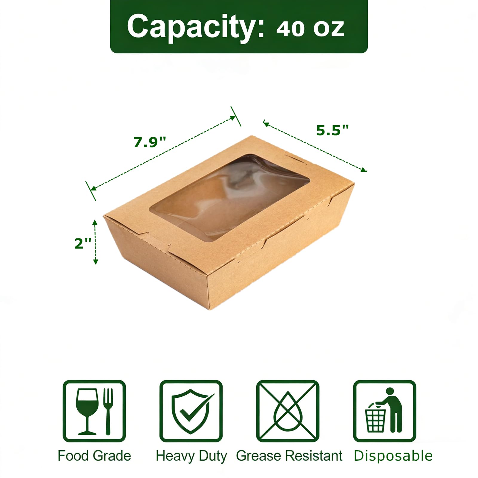 Paquete de 50 recipientes de comida para llevar con ventana, cajas de papel kraft de 40 onzas para microondas, recipientes plegables para repostería para catering, restaurantes, fiestas