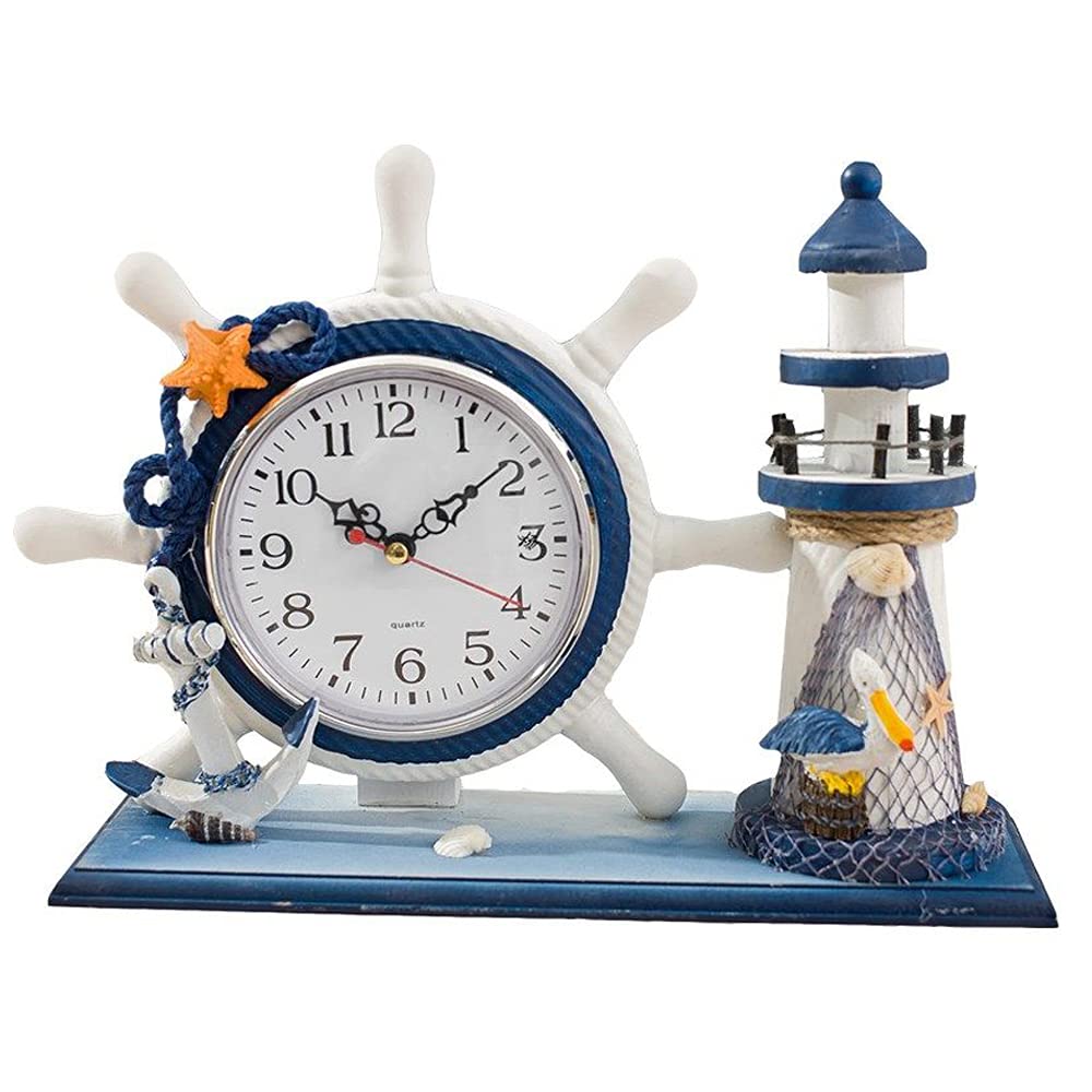 Sgohevn Lighthouse Mantle Clocks Ocean Nautical Clock Decor for Living Room Desktop Solid Wood Mediterranean Style For Kids Bedroom Bedside Home Decoration