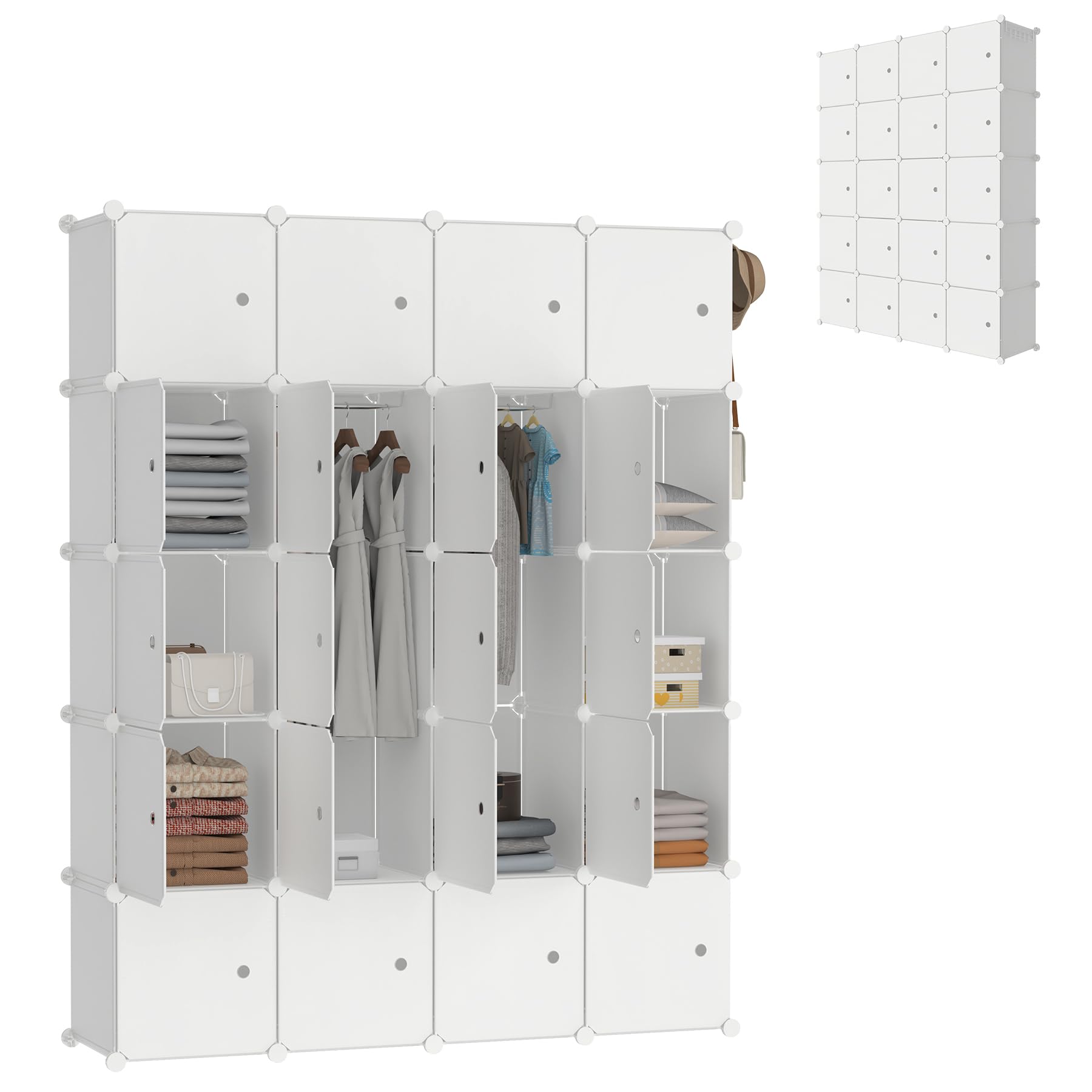 LZQ Armadio multiuso, sistema di scaffalatura fai da te, in plastica, per camera da letto, con porta, con 20 cubi e asta appendiabiti (latte)