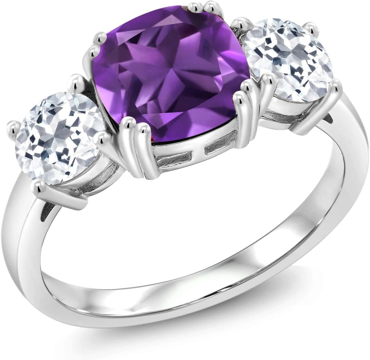 Gem Stone King 3.30 Cttw Purple Amethyst and White Topaz 3 Stone Engagement Ring For Women | 925 Sterling Silver | Gemstone February Birthstone | Cushion 8MM
