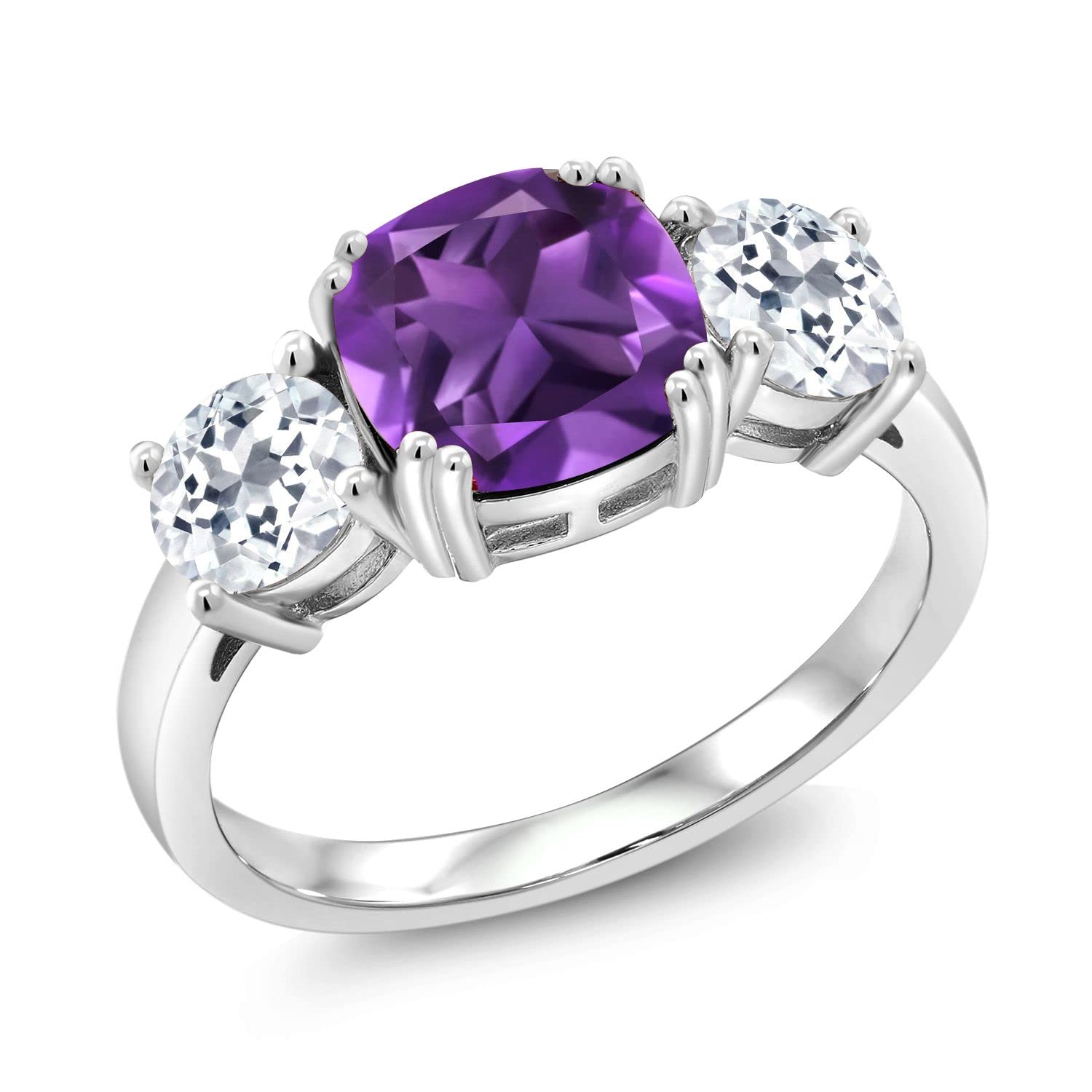 Gem Stone King 3.30 Cttw Purple Amethyst and White Topaz 3 Stone Engagement Ring For Women | 925 Sterling Silver | Gemstone February Birthstone |