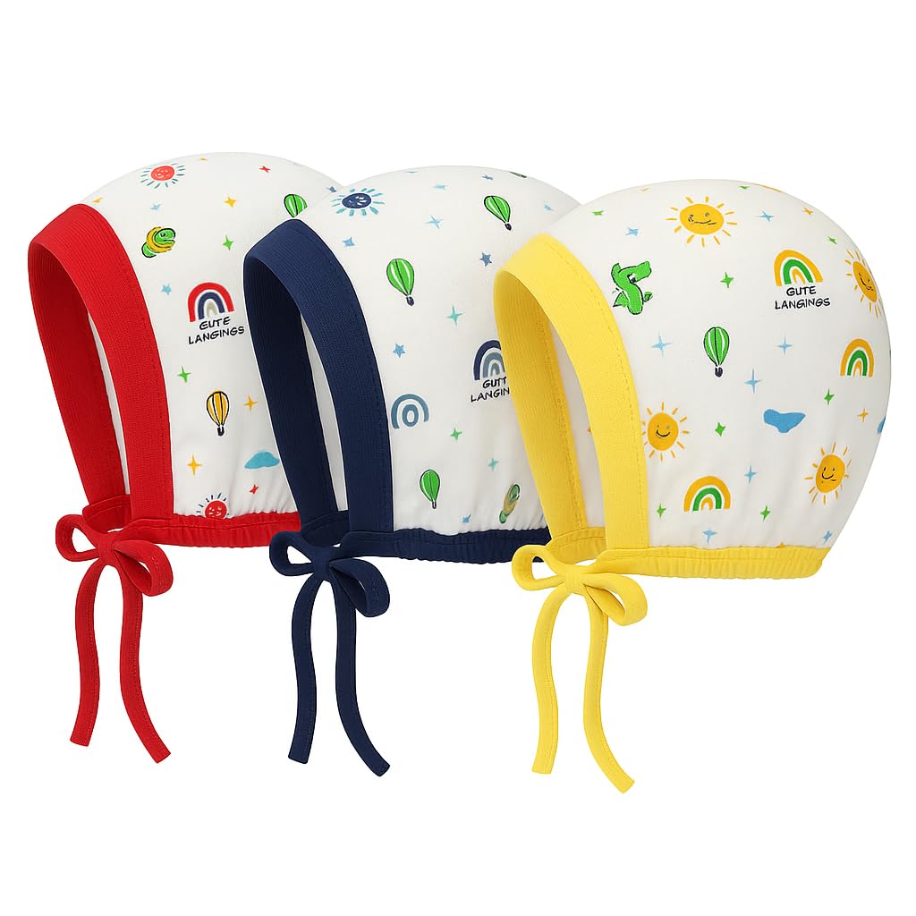 CUTE LANDINGS New Born Baby Girls & Boys Finest Hosiery Cotton Double Layer Knot Caps Set/Infant/Hat/Toppi/Kan Topi (Pack of 3) (9-12 Months) Multicolour