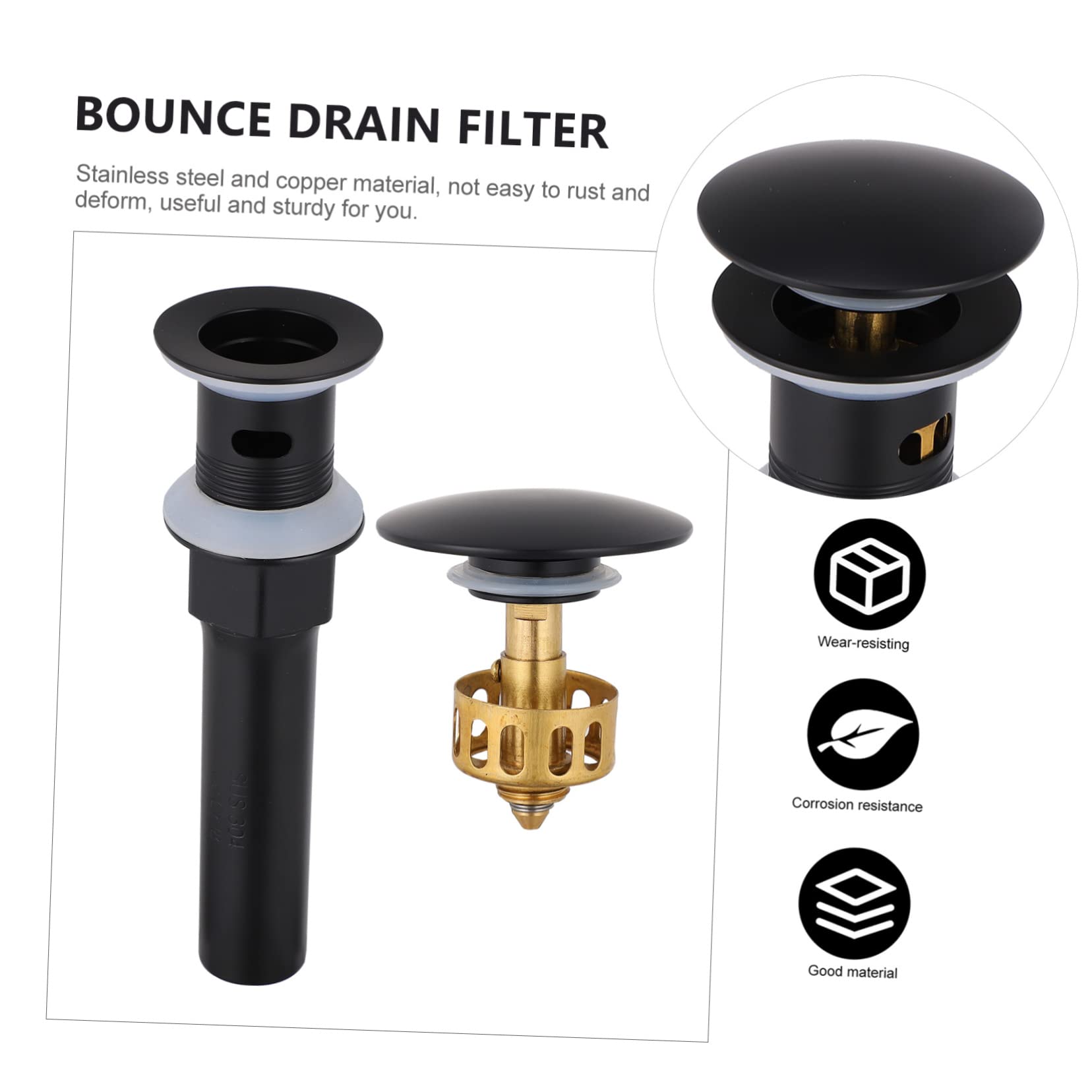 Tapón de Fregadero de Rebote de Acero Inoxidable y Cobre Negro | 1 Pieza, Recoge Residuos y Filtra Restos, Instalación Sencilla, para Lavabo de Baño Rebose