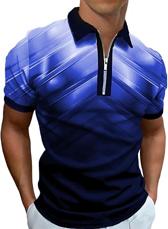 Ecosunny Mens Short Sleeve Polo Shirt 3D Printed Zipper Casual Slim Fit Golf Shirts