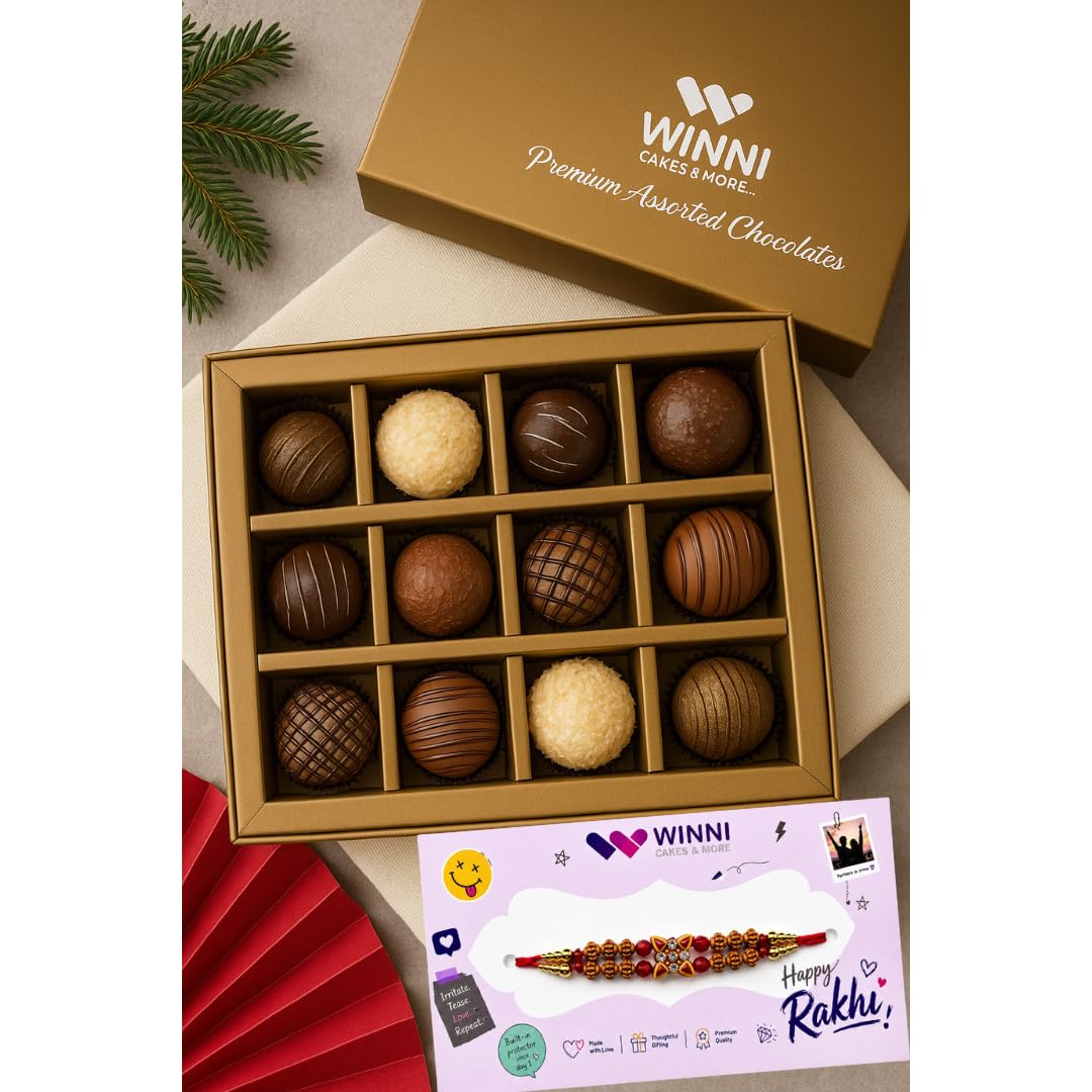 WINNI - Luxury 12 Pcs Truffle Chocolates + Rakhi Pack | Belgian Dark Chocolate Gift | Rakhi Gift For Brother & Sister | Celebration Chocolate Gift Hamper | Rakhi Gift Box For Kids, Girls, Boys, Brother, Sister, Bhaiya, Bhabhi | Rakhi Gift Set | Chocolates Bouquet | Imported Chocolate Gift | Return Gift Box-image-26