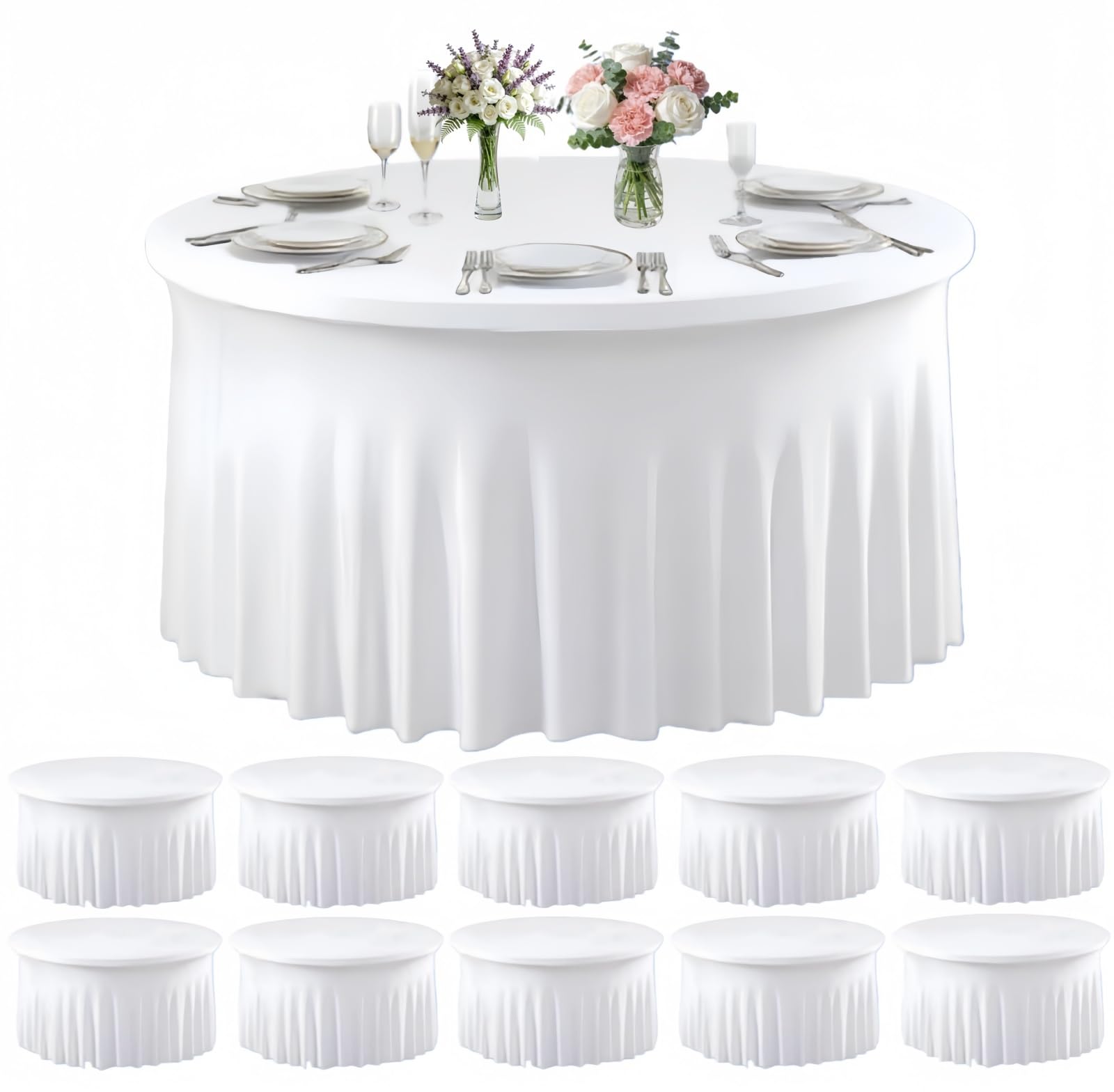 Photo 1 of 10 Pack White Spandex Round Tablecloths for 60inch Tables, 120 Inch Stretchy 5ft Round Fitted Tablecloth Wrinkle Free Washable Table Cloths Table Covers with Skirt for Wedding Party Birthday Banquet