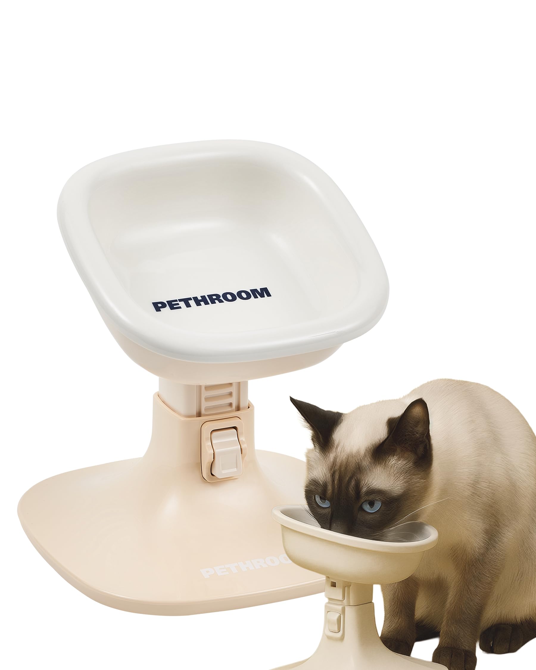 PETHROOM Well Fit Elevated Dog Bowl Stand – Adjustable Height 4.5–7.4 in with 0–22° Tilt, Stable Non-Slip Raised Feeding Stand for Dogs and Cats, Compatible with Safe Ceramic Bowls, Beige