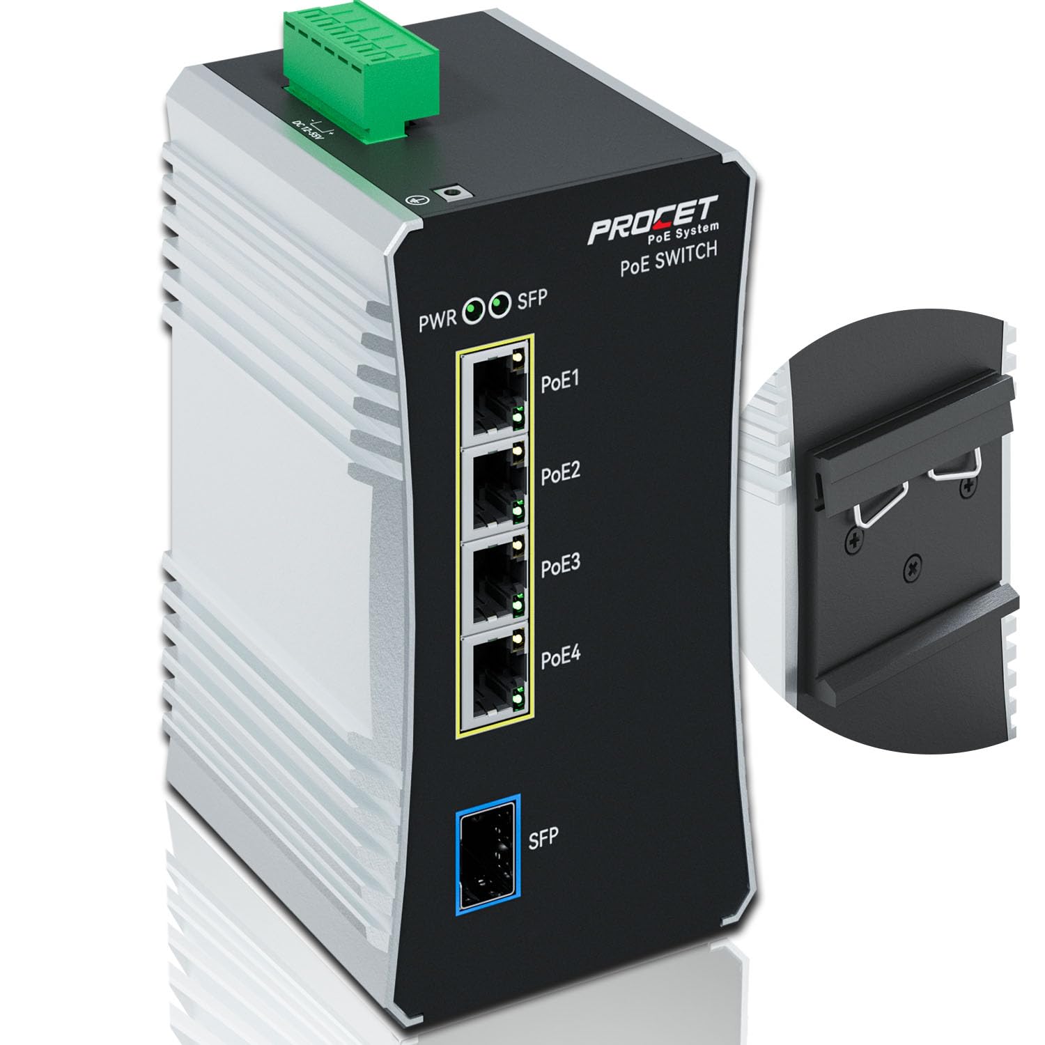 Procet Commutateur PoE Gigabit 4 ports Din Rail, 90 W/port, convertisseur de média en fibre PoE++ industriel avec large température -40 °C à 65 °C, fente SFP, Boost, entrée 12-57 V CC,
