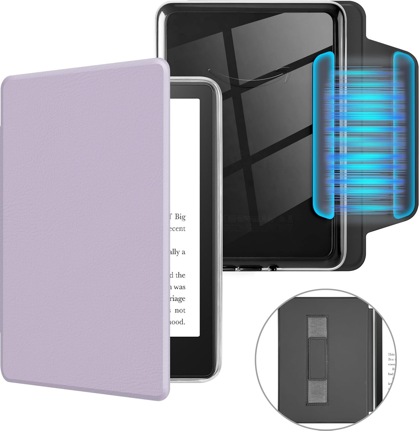 MOROCK Detachable Magnetic Case for 6.8" Kindle Paperwhite and Paperwhite Signature Edition (11th Gen., 2021), Slim PU Leather and PC Clear Back Cover with Hand Strap, Auto Wake/Sleep, Light Purple