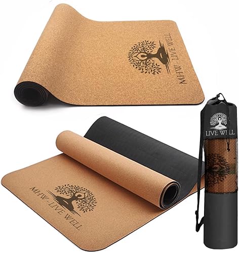 MHW- Live Well Non-Slip Yoga Mat 6mm Extra Thick - Eco-Friendly Cork & TPE Exercise Mat with Carrying Strap & Bag - Hot Yoga Pilates Mat for Home
