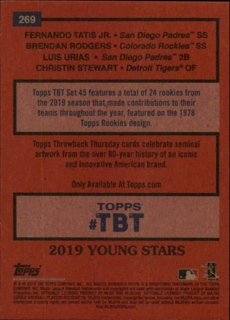 2019 Topps Throwback Thursday Baseball #269 Fernando Tatis Jr./Brendan Rodgers/Luis Urias/Christin Stewart RC Rookie San Diego Padres/Colorado Rockies/Detroit Tigers 1978 Topps Rookies Design Print Run 1296