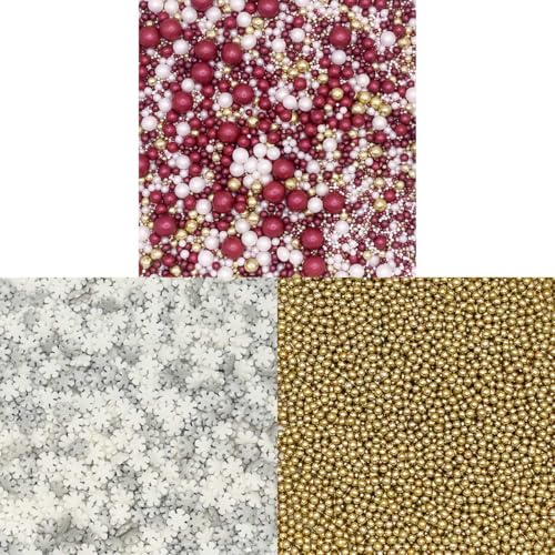 Scrumptious! - Bundle - Christmas Contemporary Edible Cake Topper Sprinkles Cupcake Decorations - 1x30g Pearls Mix - Mulled Wine, 1x25g Festive Snowflakes, 1x30g 4mm High Shine Gold Pearls