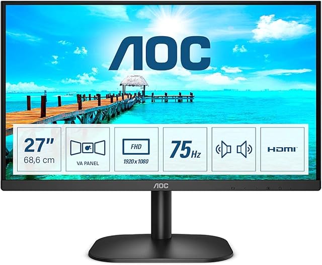 AOC 27B2AM - 27 inch FHD Widescreen Monitor, 4ms, VA Frameless Design, LowBlue Mode, Flicker free, Speakers (1920 x 1080 @ 75Hz, HDMI 1.4 x 1, VGA)