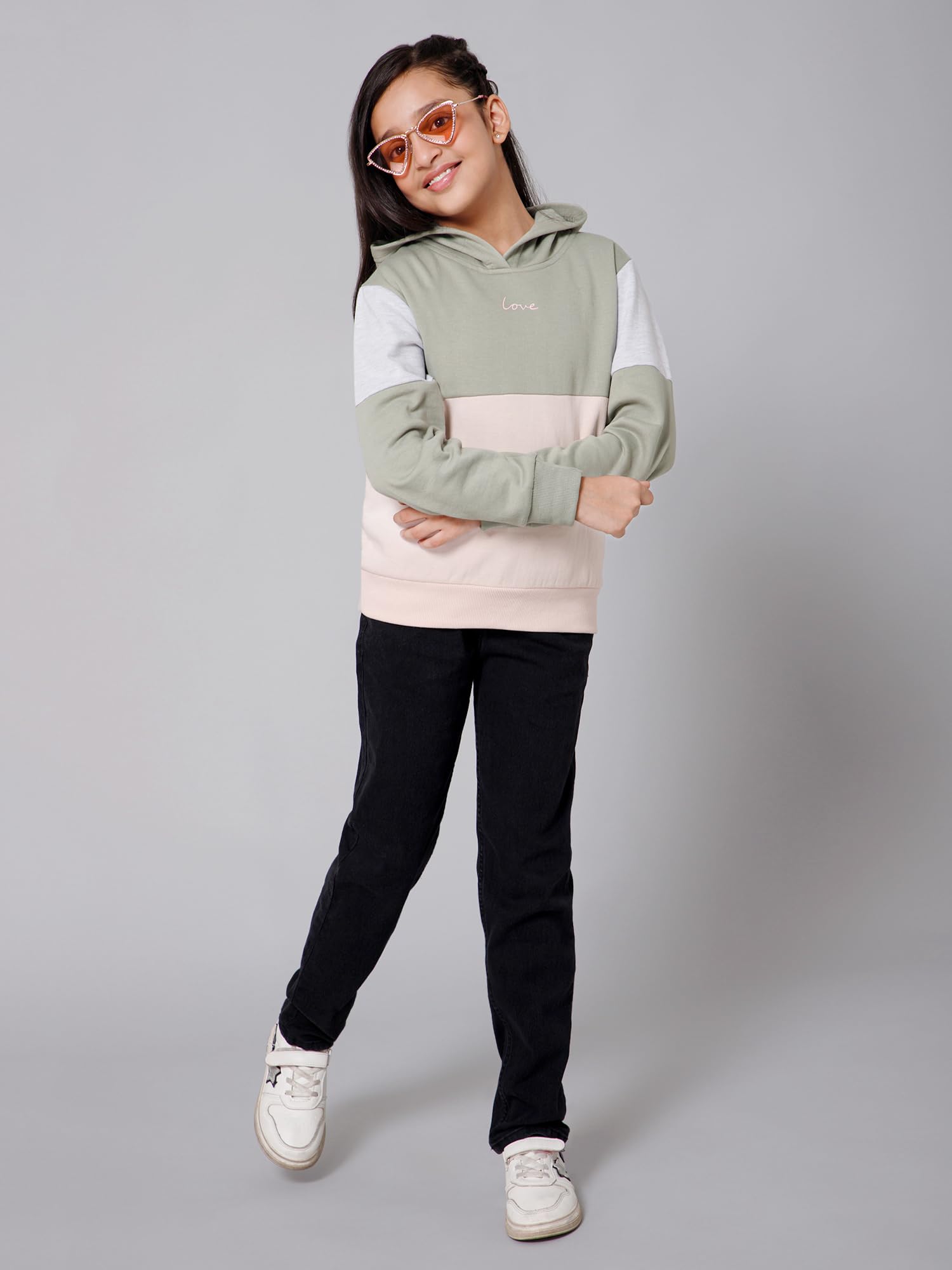 Alan Jones Clothing Girls Cotton Blend Hooded Neck Regular Fit Sweatshirt (GL22-SW104-GRN-7.8YRS_Light Khaki, Green_7Years-8Years) 3