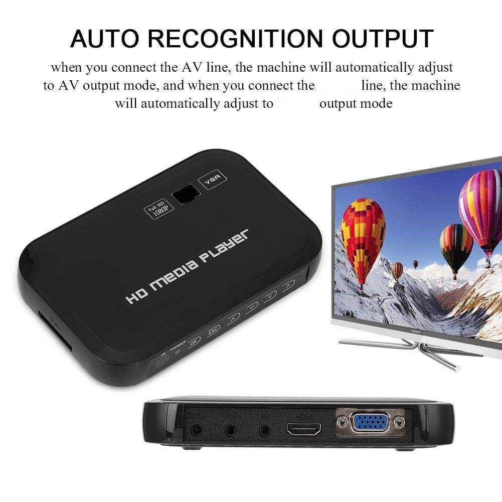 Reproductor multimedia HD, puertos HDMI Reproductor digital portátil 1080P reproducción de video y fotos con unidad USB/tarjetas SD/dispositivos externos, salida HDMI/AV/VGA(Enchufe de la UE)