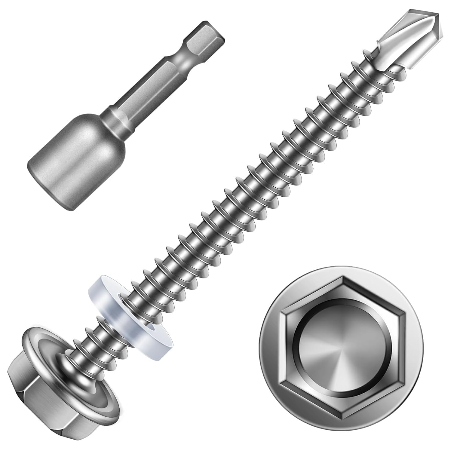 Wkręty samowiercące do dachów, 20 szt. Stal nierdzewna 410 M6.3 Długość 16~180 mm samogwintujące z łbem sześciokątnym Metalowe wkręty podkładką i 1 gniazdem(M6.3 * 165mm)