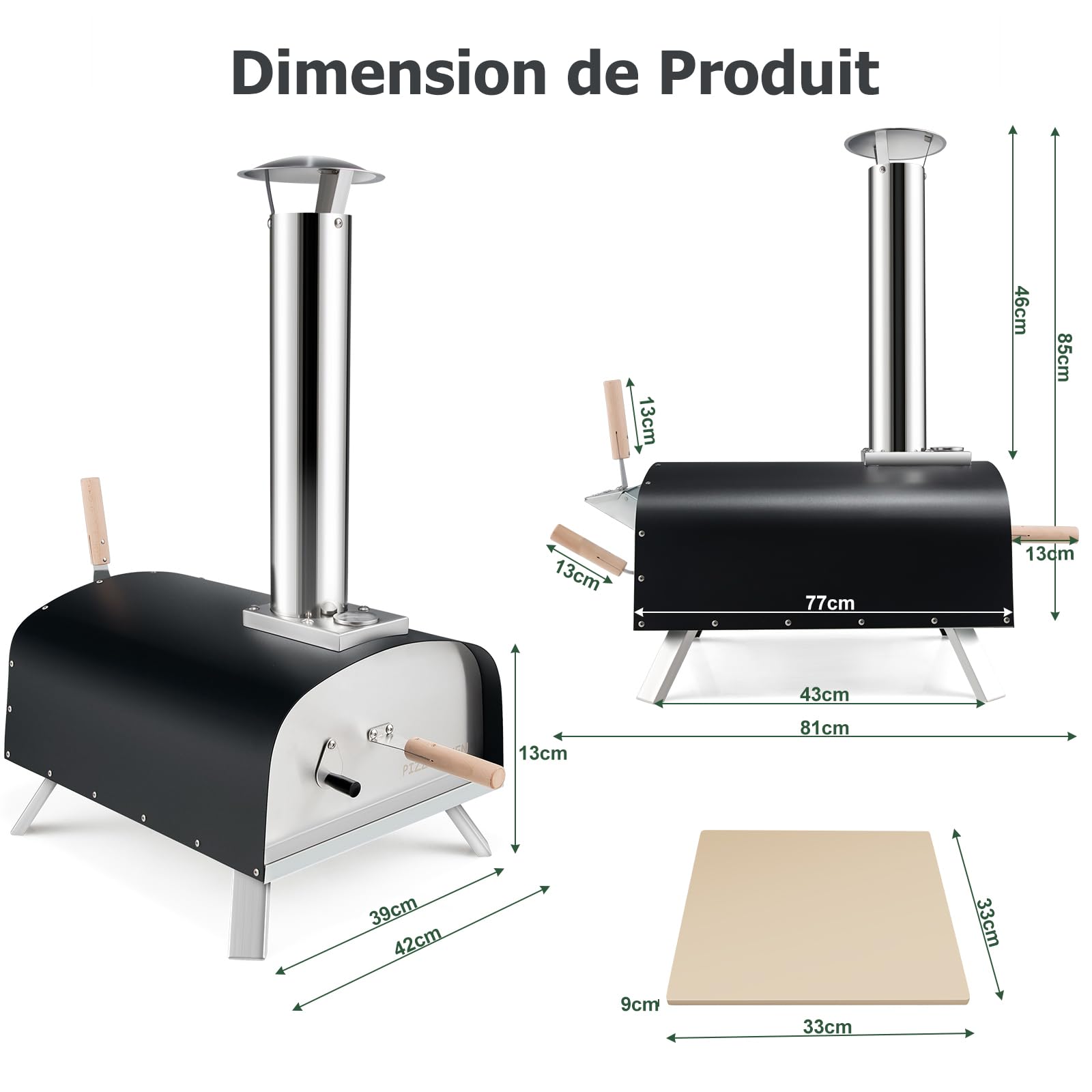 GYMAX Four à Pizza Extérieur à Bois ou à Pellet, avec Thermomètre, Pelle à Pizza, Pierre à Pizza de φ33CM, Température Max. 450 ℃, pour Jardin, Camping, Fête