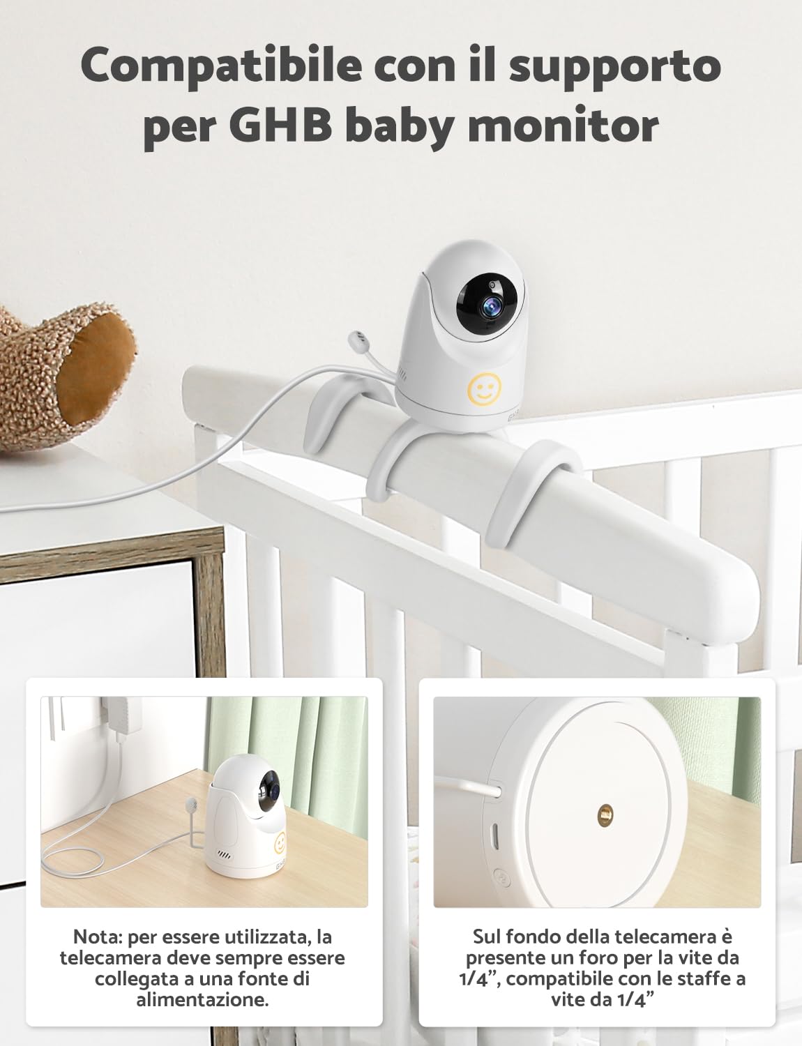 GHB Baby Monitor Video e Audio Schermo 5'', 350°/110°, 168 Ore di Autonomia, HD 1080P, Modalità VOX, Visione Notturna, Rilevamento della Temperatura, Ninne Nanne