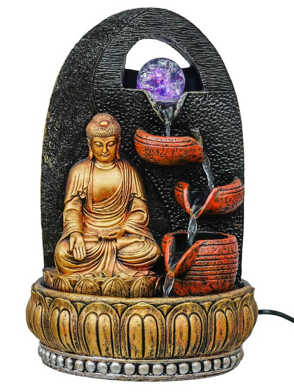 Image of Golden Brown Polyresin Tabletop Buddha 4 Step Indoor Water Fountain for Home Decor with LED, Speed Control Pump (Size: 24 x 18 x 36 CM | Weight: 1740Gram)
